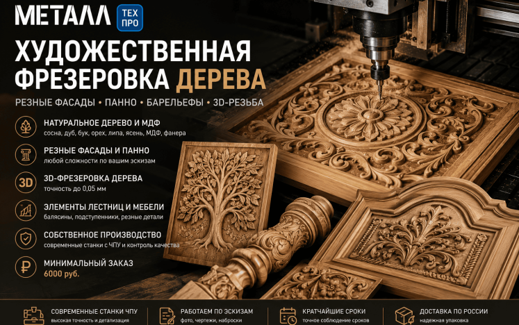 Художественная фрезеровка дерева. Резные фасады, панно, барельефы, мебель с 3D-резьбой.